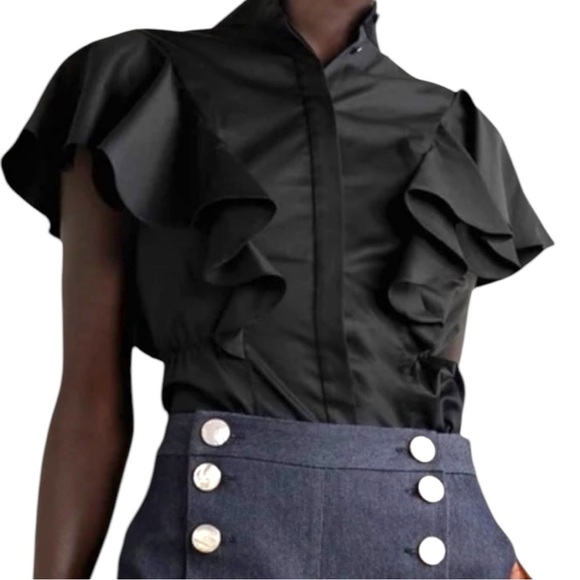 Adam LIPPES Ruffled cotton-poplin short sleeve button down blouse top size 12 - Picture 8 of 16